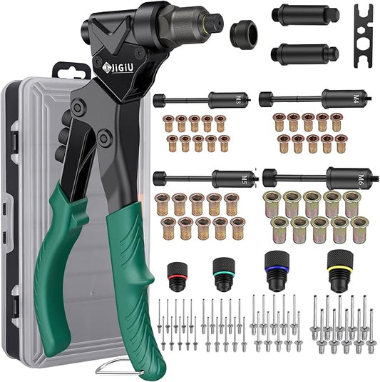 JiGiU 3 in 1 Rivet Gun Kit, Rivet Nut Tool Manual Pop Rivet Gun Tool Multi Size with 4 Mandrels, 4 Rivet Head & 2 Reaming Mandrels, 360° Swivel Head for Metal, Automotive, Sheet Metal, DIY Repair