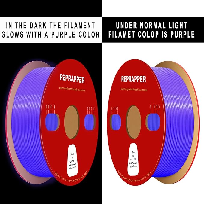 RepRapper Glow in the Dark Purple PLA Filament 1.75mm (+- 0.03mm) 2.2lb (1kg) for 3D Printer, Phosphorescent Glow PLA Purple Color