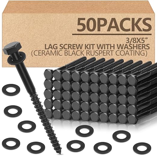Tandefio 50 Pack 3/8''x 5'' Ceramic Black Lag Screw Kit with Washers Hex Lag Bolts Wood Screws Heavy Duty Hot Dip Galvanized Double Layer for Wood Decks Fences
