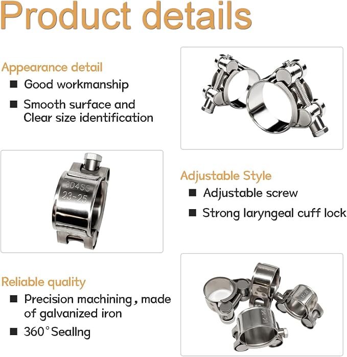 6PCS 23-25mm T-Bolt Hose Clamps Stainless Steel Heavy Duty Hose Clamp DD038-23-25