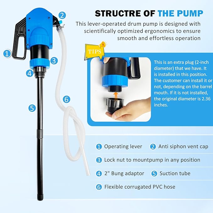 Lever Action Drum Pump，Manual Barrel Pump for water/oil/liquids，55-gallon siphon pump includes 6.56 feet of 3/4-inch corrugated hose