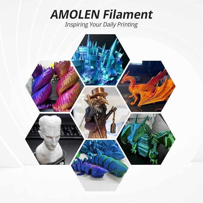 AMOLEN Silk 3D Printer Filament Bundle, PLA Filament 1.75mm Pack, Shiny 3D Printing Filament for Most FDM 3D Printer, Black, Purple, Silver Grey, Sapphire Blue, 200g X 4