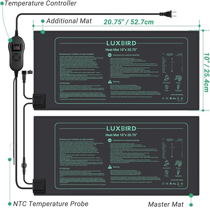 LUXBIRD 6 Pack 30W Seedling Heating Mats 10" x 20.75" with Thermostat Controller, Idea for Seed Starting, Germination, Greenhouse (LB-HT06)