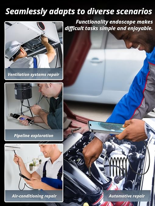 Acoath Endoscope Camera with Light, Dual-Lens 1920P HD Borescope with 8 Adjustable LED Lights, IP67 Waterproof Boroscope Inspection Tools, 9.8ft Semi-Rigid Snake Camera for iOS & Android