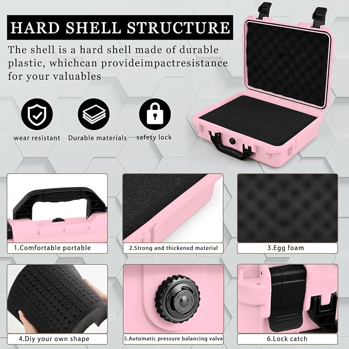 Relaxweex 1 Pcs Waterproof Hard Case with DIY Customizable Foam Insert Portable Protective Case with Knife for Camera Drones Equipments Tools Test Instruments(Pink,11.3 x 8.7 x 4.2 Inch)