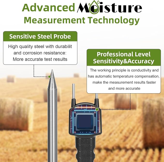 𝙐𝙥𝙜𝙧𝙖𝙙𝙚 TK100H Hay Moisture Tester, Portable Accurate Hay Moisture Meter, Hay Moisture Tester Probe with Backlit Large Screen, Hay Tester Probe for Froage, Alfalfa Orchard Grass, Bales