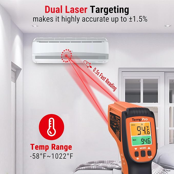 TempPro TP450 2 Laser Temperature Gun for Cooking, 16:1 D:S Ratio Infrared Thermometer Gun for Pizza Oven, Laser Thermometer Gun with Adjustable Emissivity Temp Gun -58 to 1022℉,Gift for Dad Husband