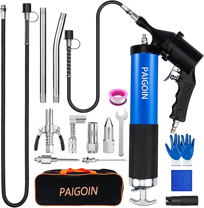 Pneumatic Grease Gun Kit 6000 PSI Heavy Duty 14 OZ Pistol Grip Grease Guns with 19" & 28" Spring Flex Hose,Quick Release Coupler,90 Degree Adapter,2 Needle Tips,2 Nozzles,2 Extension Tubes