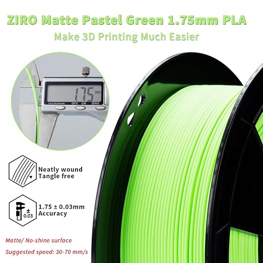 ZIRO Matte PLA Filament, 1.75mm 3D Printer Filament Shine-Free Finish, Pastel Colors PLA Series, 1kg/2.2lbs Spool, Dimensional Accuracy +/- 0.03mm, Fit Most FDM 3D Printers, Pastel Green(Matte)