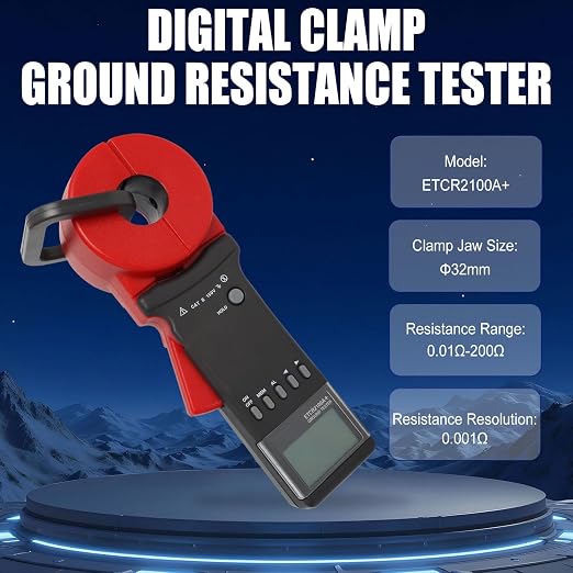 ETCR2100A+ Ground Resistance Meter Earth Tester Clamp Digital for Electric Power Telecommunications Meteorology Oil Field Architecture Industrial Electrical Equipment 0.01-200Ω NO Battery