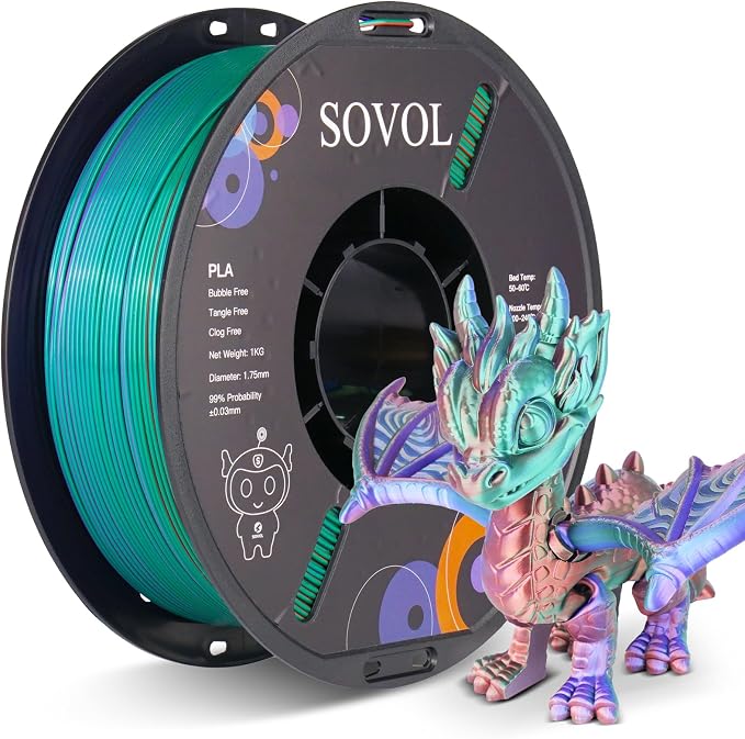 Sovol Silk PLA Filament Tri Color Co-Extrusion 1.75mm, 3D Printer Filament 1kg/ 2.2lbs, Shiny Silk Copper Purple Green 3 in 1 Coextrusion PLA Material +/-0.03mm