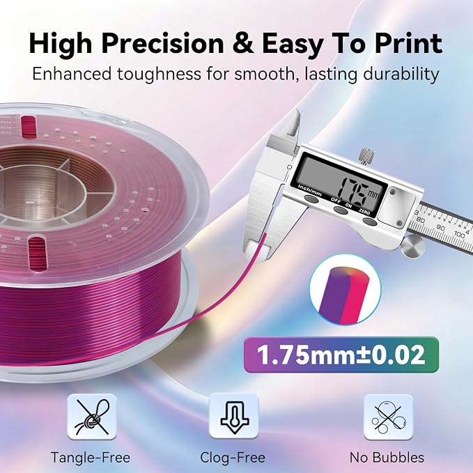 Kingroon PLA Filament, Multicolor Silk PLA Filament, Tri Color 3D Printer Filament, 1.75 mm, Dimensional Accuracy +/- 0.03 mm, 1kg Spool(2.2lbs), Red Gold Purple