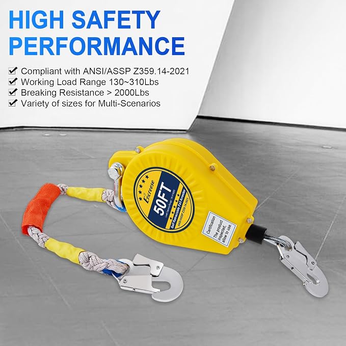 Self Retractable Lifeline Fall Protection Arrester 50FT Double Locking Roofing Safety Rope Lanyard Fall Arrest Gear, Dual Alloy Steel PPE shell Heavy Duty Hook Cable Wire