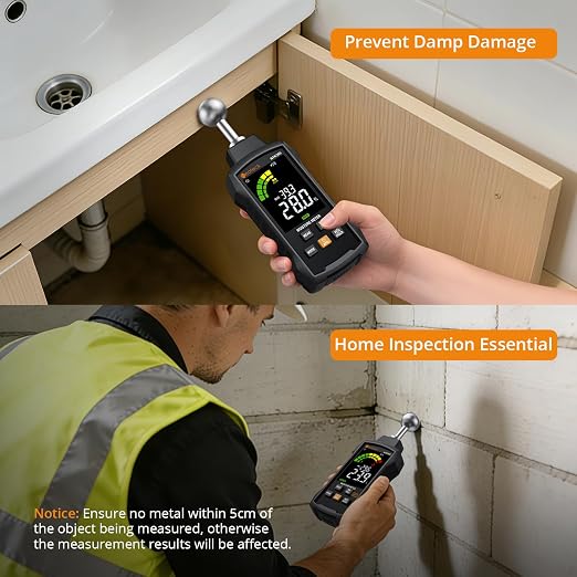 Neoteck Moisture Meter with REF Comparison, ±2.5% Accuracy Pinless Non-Destructive Moisture Detector with 5-40mm Measuring Depth,3-Color Warning Display,5 Modes for Wood Concrete Cement Plaster