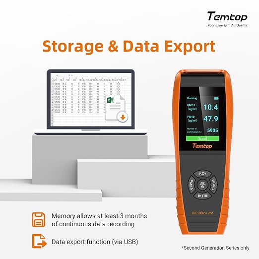 Temtop Air Quality Monitor PM2.5 PM10 Particle Counter, Formaldehyde, Temperature, Humidity, TVOC AQI Tester for Indoor/Outdoor Air Pollution Detection w/Data Export