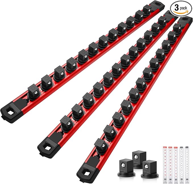 Reniteco Magnetic Socket Organizer Set, 3PC 1/2-Inch Drive Aluminum Alloy Socket Rail, Heavy Duty Magnetic Socket Holder for Tool Box Drawer, 360° Swivel Socket Rack, 1/2" x 36 Clips, Red