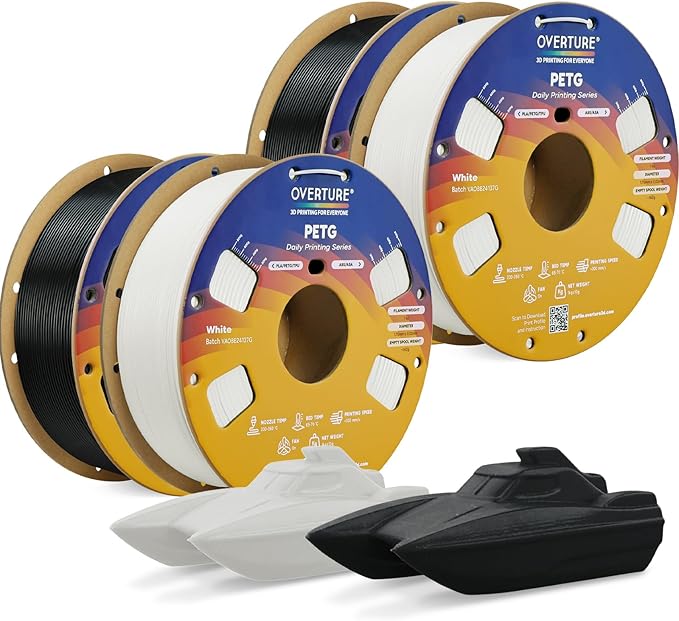 OVERTURE PETG Filament 1.75mm Bundle 4kg, High Speed 3D Printer Filament, Neatly Wound & Clog-Free, 4 Pack 1kg(2.2lbs), Accuracy +/- 0.02mm, Fit Most FDM Printers (Black*2+White*2)