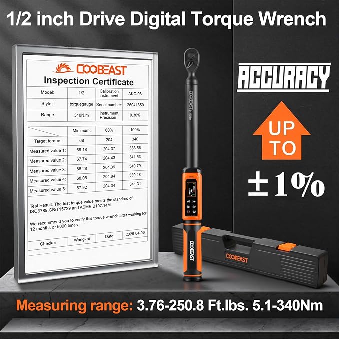 Coobeast Digital Torque Wrench 1/2 Drive, Adjustable Electric Torque Wrench Tool Set, Preset Value(3.76-250.8 Ft.lbs./5.1-340Nm), Buzzer and LED Alert, Adapter&Extension Bar for Bike Motorcycle(Black)