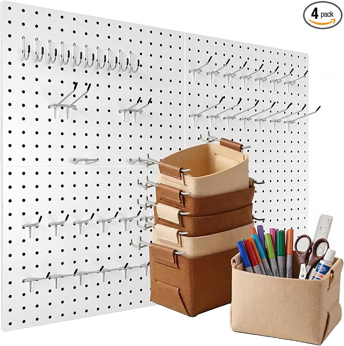 Spampur Peg Board, 4 Pack Metal PegBoard Organizer with Accessories, White Pegboard Panels with 50 Pcs Hooks and Baskets, Wall Organizer for Office, Craft Room Organization, Garage, Sewing Room