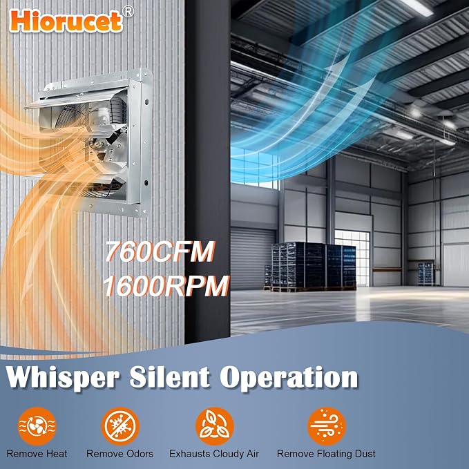 Hiorucet Upgraded 7 Inch Shutter Exhaust Fan for Garage, Greenhouse, Shop, Attics, Chicken Coop, Shed, Basement, 760CFM 1600RPM Low Noise Wall Mounted Louvered Exhaust Fan with 1.8 Meters Power Cord.