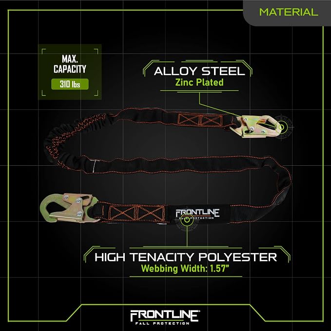 FRONTLINE FALL PROTECTION Internal 6' Shock Absorbing Single Leg Lanyard | ANSI & OSHA Compliant