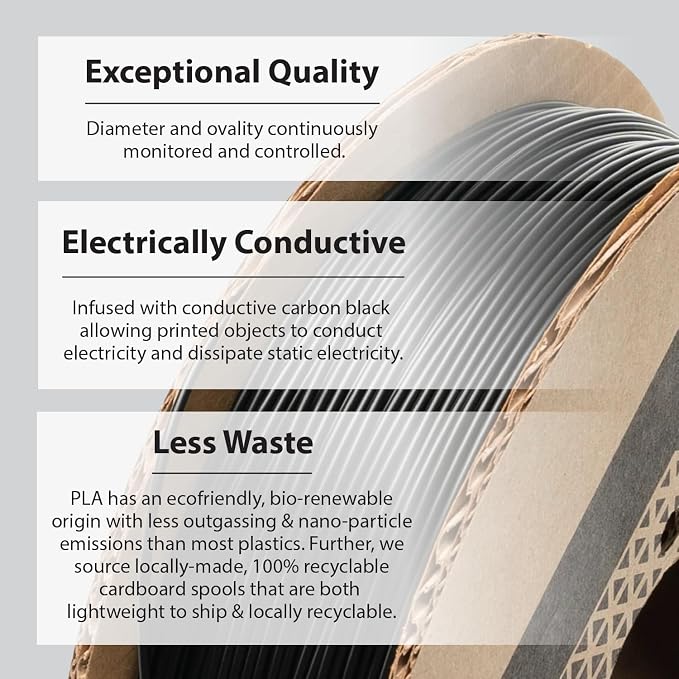 Protopasta Electrically Conductive Composite Black PLA 3D Printer Filament for Electrically Conductive 3D Prints | Easy Printing with Low Warp | 1.75mm Filament | 1kg with Recyclable Cardboard Spool