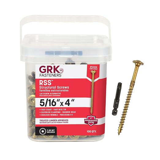 GRK Fasteners RSS 5/16 x 4 Inch, Structural Screws, 100 PCS, Rust Resistant Climatek Coating, Heavy-Duty Framing & Decking Screws, Fast Bite Tip, Star Drive Recess, T-30 Bit Included, Gold