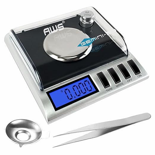 AWS Gemini-50 Milligram Scale 50g x 0.001g–Digital Jewelry/Lab Scale for Powder, Gold, Gems – Includes Calibration Weights, Tweezers & Tray–Tare, Cal, 6 Units (Gemini-50g-Black)