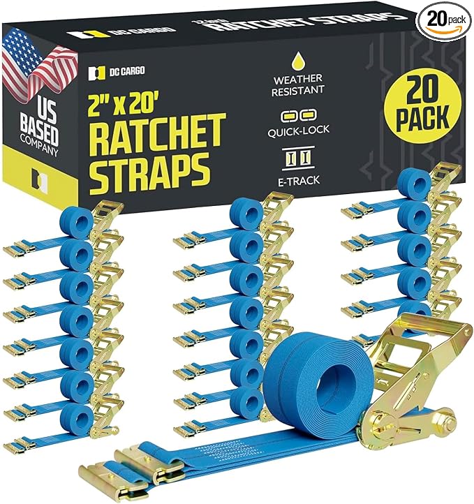 E Track Ratchet Straps Cargo Tie-Downs, (Pack of 20) 2 x 20 Heavy Duty Blue Tie-Down Rachet Straps, Strong Ratchet Strap, E Track Spring Fittings, Tie Down Motorcycle