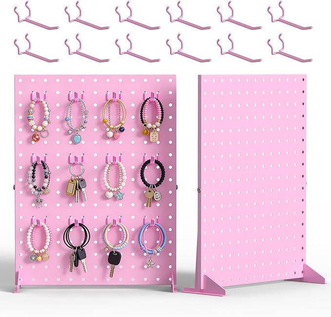 2 Pcs Pegboard Display Stand with 24 Hooks, Freestanding Tabletop Vendor Booth Display for Craft Shows & Retail, Jewelry Keychain Display Stand, Metal Display Rack for Ornaments- 16x12 Inch