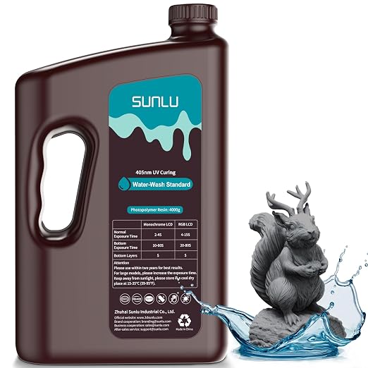 SUNLU 4kg Water Washable 3D Printer Resin, Fast Curing Low Shrinkage, High Precision Photopolymer Resin for LCD/DLP/SLA Printers,395 to 405nm UV Resin, 4000g Dark Grey