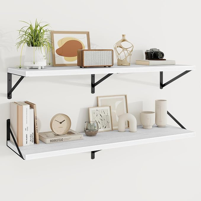 Floating Shelves 12 Inch Deep, 48W x 12D Wall Shelf Set of 2, 70 lbs Heavy Duty Reversible Metal Brackets, Deep Industrial Book Shelf for Living Room Kitchen Bath Bedroom Coffee Bar, White