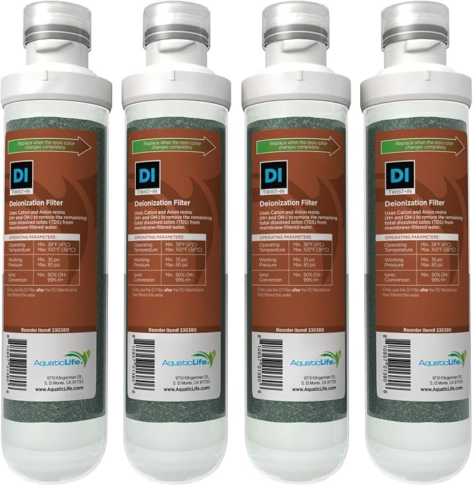 AquaticLife Twist-In Mixed-Bed Color Changing Deionization Resin Filter Cartridge for Reverse Osmosis Deionization System RO/RODI Units, 4-Pack