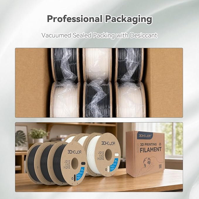 3DHoJor 6KG Bundle PLA+ Filament 1.75mm PLA 3D Printer Filament, 6 Pack 1kg(2.2lbs) Cardboard Spool, Dimensional Accuracy +/- 0.03mm, Fit Most FDM Printer (Black*3+Milky White*3)