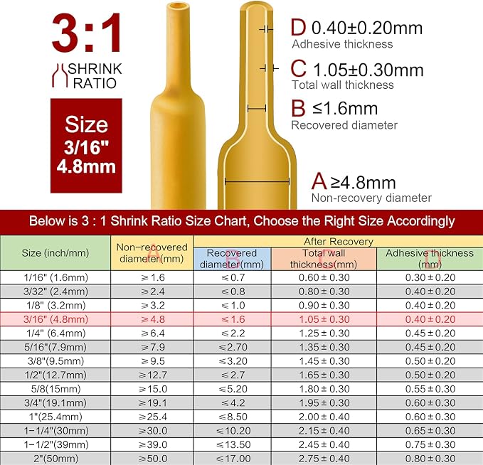 Chanzon 3:1 Ratio - 80ft Roll - Heat Shrink Tubing 3/16" (4.8mm) - Marine Grade Waterproof Adhesive Lined - (25M Total Length) Yellow Polyolefin Sleeving Wrap Shrinking 3 to 1 Ratio 1pcs