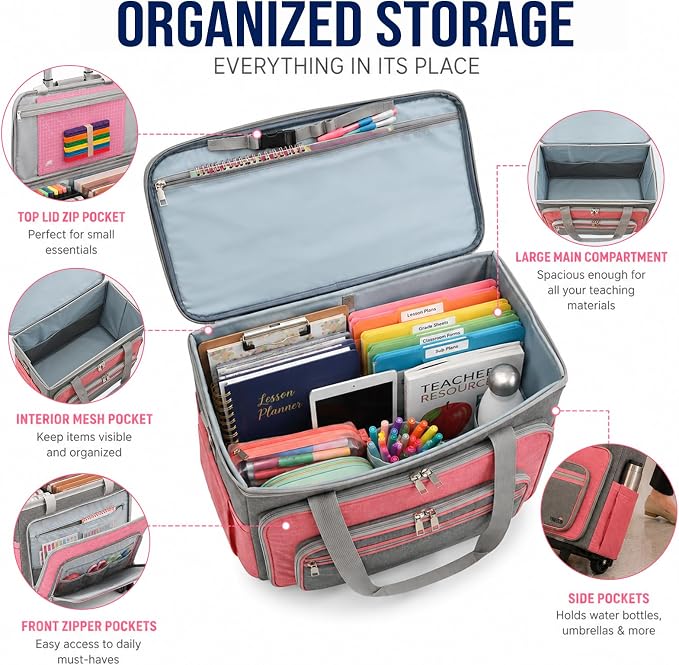 Upgraded Rolling Bag with Detachable Dolly, Heavy Duty Wheeled Teacher Bag, Multifunctional Rolling Briefcase for Work, Office, Craft Storage & Travel (Pink)