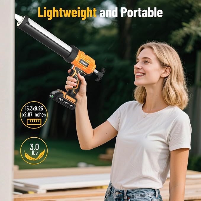 Electric Caulking Gun, Cordless Caulking Gun with 2x 2000mAh Batteries, 9Pcs Silicone Caulking Tools, 4 Adjustable Speeds, LED Light, 10OZ Battery Silicone Gun for Filling, Sealing (Yellow)