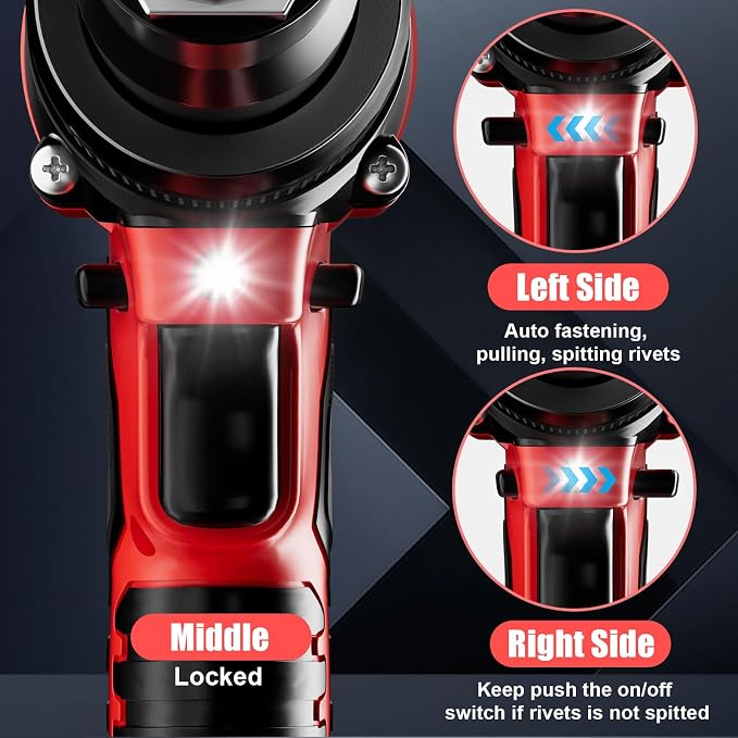 Cerycose Rivet Gun Compatible with Milwaukee 18V Battery, Cordless Rivet Tool with 3 Size (1/8", 5/32", 3/16") Aluminum Rivets, Brushless Motor Rivet Gun Kit Nose Piece, Led Light, Tool Only