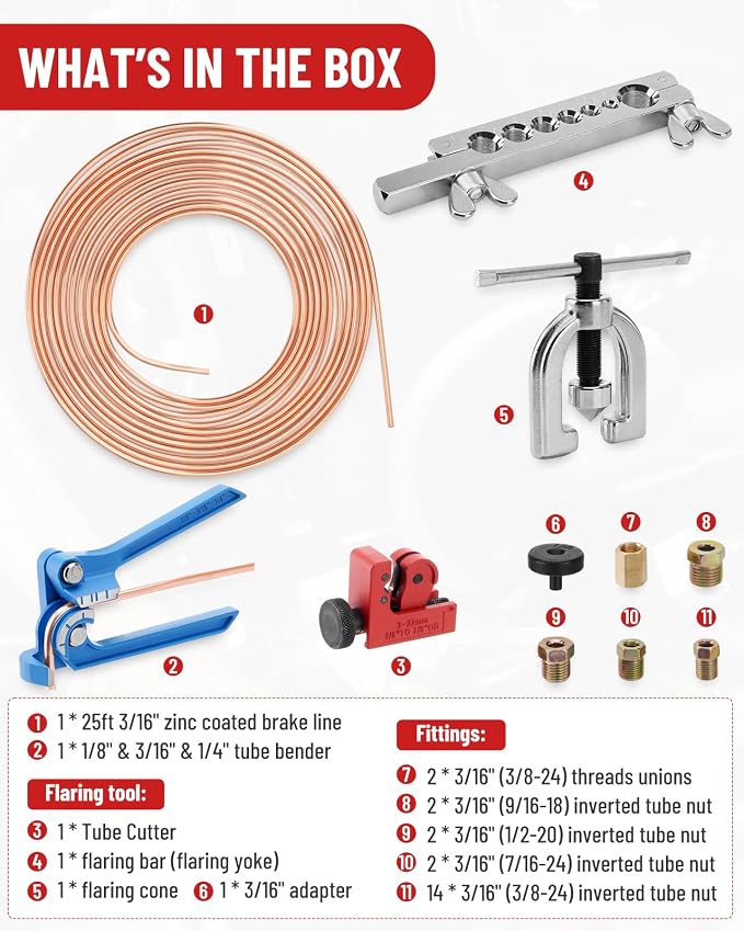 25 ft 3/16in Copper Coated Brake Line Flaring Tool Kit, Includes 3-in-1 Tube Bender, Double & Single Flaring Tool Set, 1 Tube Cutter, 2 Threads Unions, 20 Fittings
