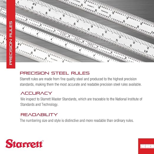 Starrett Spring Tempered Steel Rule with Satin Chrome Finish, Quick Reading and Inch Graduation - 12" Length, 7R Graduation Type, 3/64" Thickness - C607R-12
