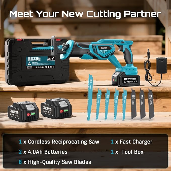 SEESII Cordless Reciprocating Saw, Brushless Motor with 8 Saw Blades | Variable Speed 3500 RPM, 2 x 4.0Ah Batteries, Tool‑Free Blade Change, Adjustable Shoe, for Wood PVC Cutting