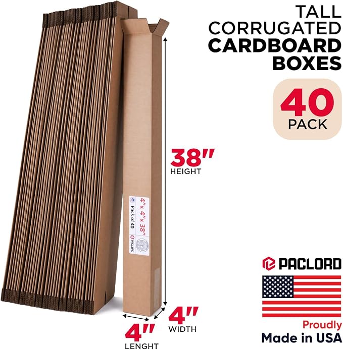 Tall Cardboard Boxes 4"L x 4"W x 38"H (Pack of 40) - USA-Made Packing Boxes for Moving, Shipping, or Storage - USPS, UPS, FedEx Approved - Professional Packing Supplies for Moving | USA-Made Packing Boxes for Moving, Shipping, or Storage - USPS, UPS, F...