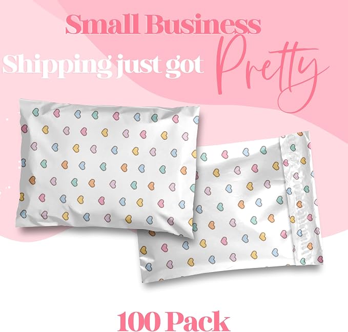 Pretty Package Store Designer Poly Mailers 10x13, Preppy Hearts, 100 Pack | Heavy Duty, Waterproof, Self Seal, Tear Resistant, Shipping Bags for Small Business Packaging, Bulk Mailing Envelopes