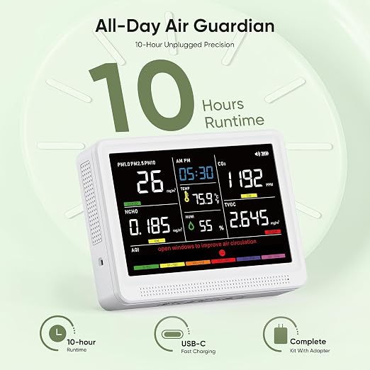 bonoch 16 in 1 Air Quality Monitor Indoor 10h-Battery & Real-Time Display 9 AQI+7 AQI Alerts, CO2 Monitor, Air Quality Tester Meter for CO2, TVOC PM2.5 PM1.0 PM10 HCHO Temperature Humidity AQI & Time