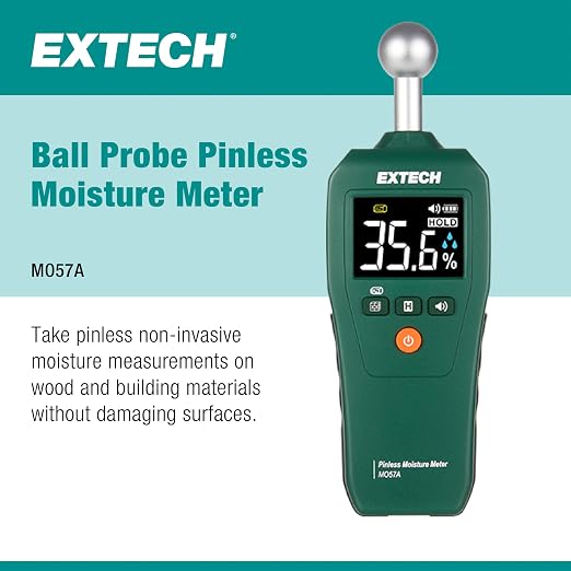 Extech MO57A Compact Pinless Ball Probe Moisture Meter - Non-Destructive Spherical Sensor Tester for Water Damage, Wood and Drywall, Up to 4-Inch Depth Detection with Audible Alert