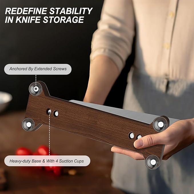 Large Magnetic Knife Block Holder Without Knives for Kitchen Counter, Stainless Steel Material Magnetic Knife Storage Stand Rack with Strong Double Sided Magnet and Wood Base - 16.15 x 11 Inches