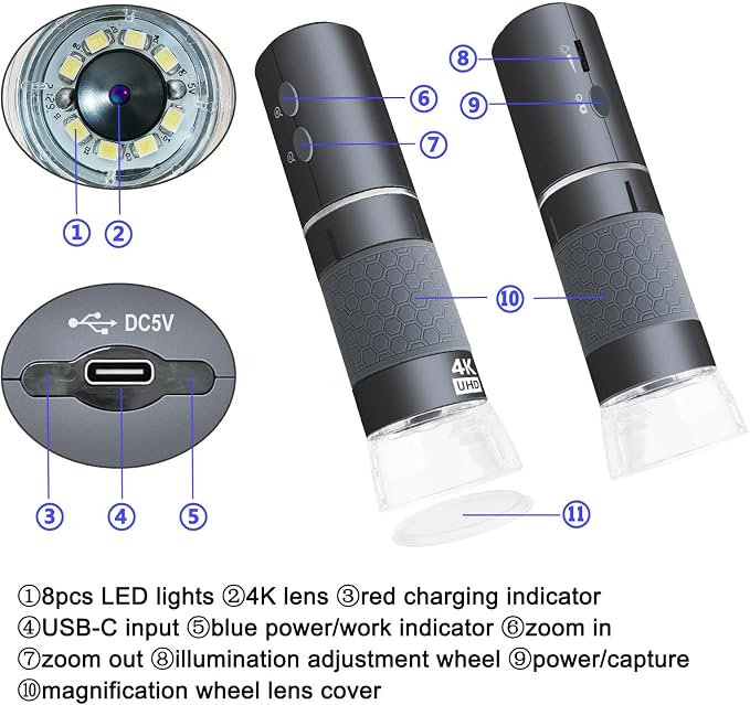 Jiusion WiFi USB Digital Handheld Microscope with Case, 50 to 1000x Wireless Magnification Endoscope 4K 3840x2160P Camera 8 LEDs with Metal Stand for iPhone iPad Android Mac Windows Linux Chrome