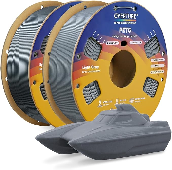 OVERTURE PETG Filament 1.75mm Bundle 2kg, High Speed 3D Printer Filament, Neatly Wound & Clog-Free, 2 Pack 1kg(2.2lbs), Accuracy +/- 0.02mm, Fit Most FDM Printers (Light Grey*2)