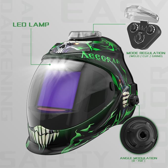 Panoramic View Auto Darkening Welding Helmet with Light, True Color Solar Powered Welding Hood, 4 Arc Sensor Wide Shade for TIG, MIG, ARC, Cut, Grinding & Welding Helmet Headgear Head Band