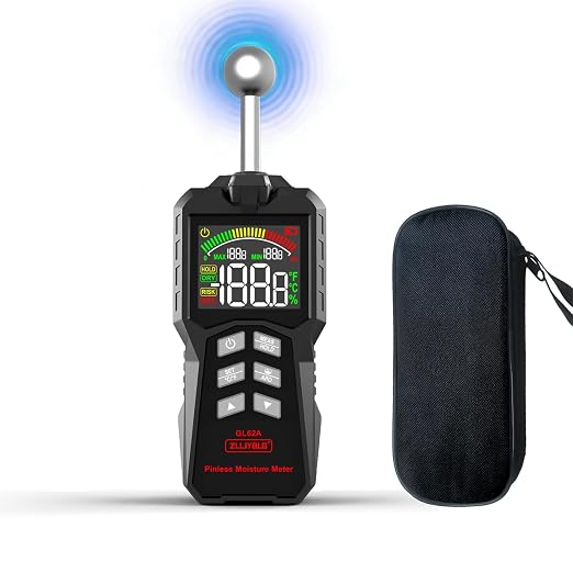 GL62A Pinless Moisture Meter, Spherical Induction Detector for Wood Walls Concrete, Non-Destructive Moisture Tester with LED Light, 0-100% Range, 5-40mm Depth